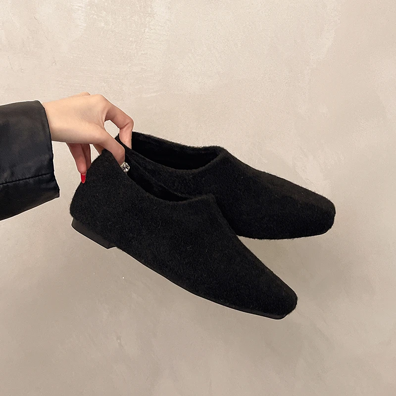 Plus Size Low Top Fashion Square Toe Spliced Pile Soft Sole Non-Slip Wear-Resistant Flats