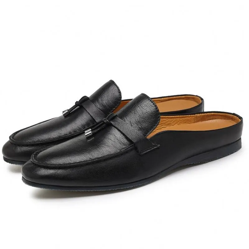 Zapatillas con punta de cubierta para hombre, zapatos informales transpirables de cuero con tacón plano, para exteriores, para caballeros