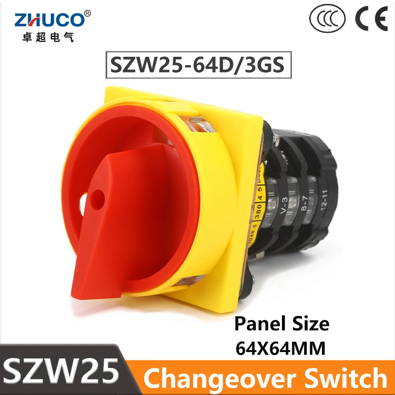 

ZHUCO SZW25-64D/3GS 25A ON-OFF-ON Three Poles 12 Screws Power Cut-Off Padlock Master Control Rotary Knob Changeover Cam Switch