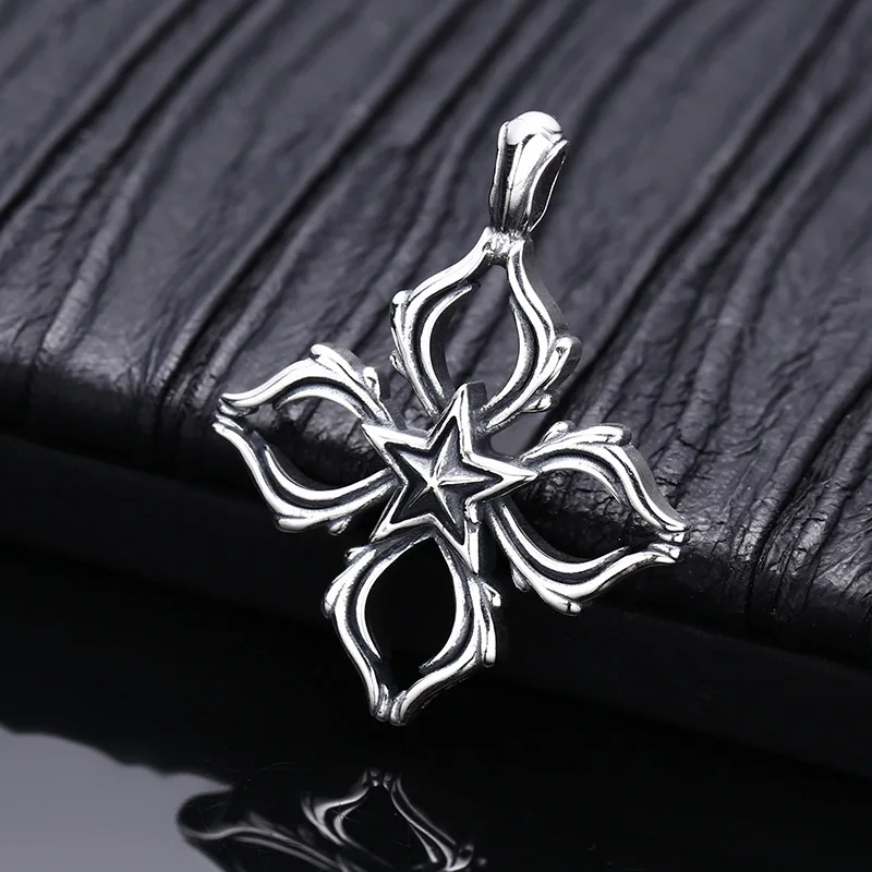 S925 Sterling Silver Star Pendant Black Color Old Process Cross JinGang Chu Design Unisex Fine Jewelry FYNE372