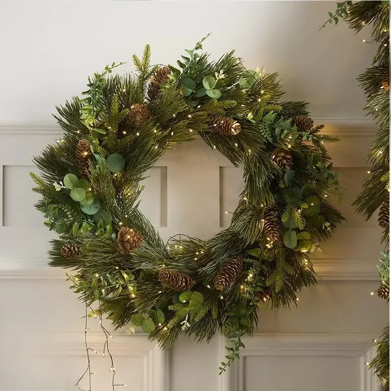 PE Artificial Christmas Wreath with Pine Cones Front Door Wall Hanging Garland Xmas Holiday Home Decor Greenery Ornament