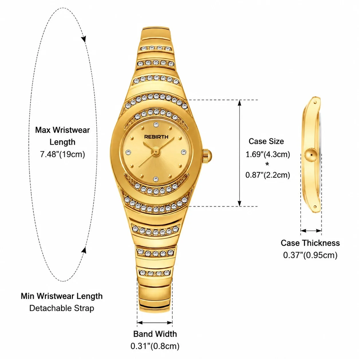 Women Rhinestone Dot Dial Detachable Stainless Steel Band Waterproof Wrist Watch Bling Luxury Removable Strap Clock Gift