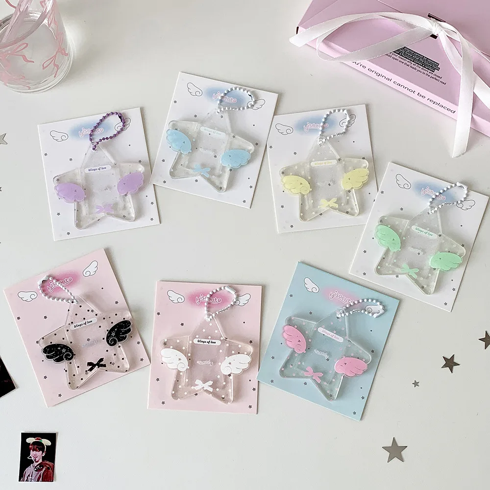 Transparent Acrylic Glitter Star 1-Inch Photo Frame Pendant Cute Angel Wings Keychain 1-Inch Photo Frame Pendant Key Chain Gifts