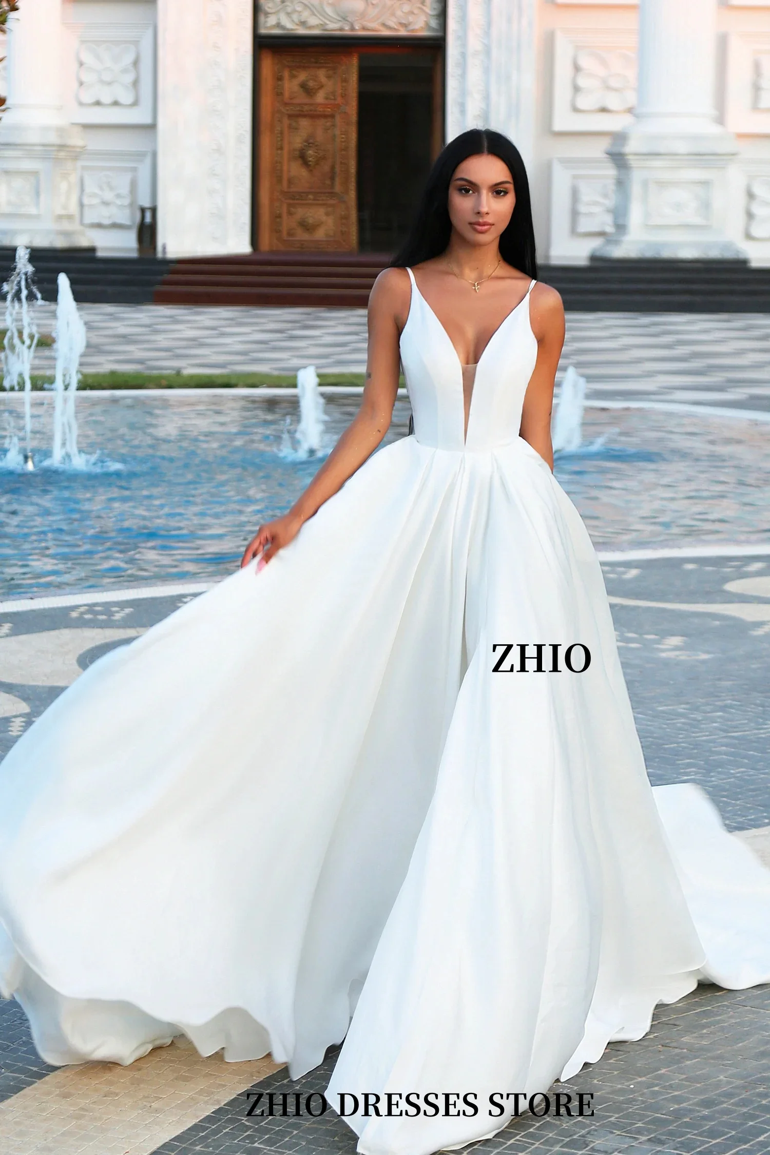 ZHIO Shiny Lace Satin Wedding Dress Sleeveless A-line Side Split Backless Bridal Dress Vestido de Novia Customized