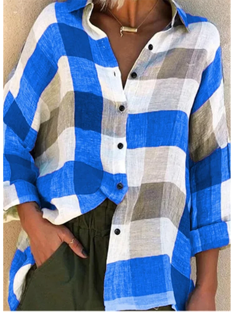 Flip Collar Button Printed Long Sleeved Shirt Women's Checkered Color Blocked High Street Fashion Daily Autumn Blouse