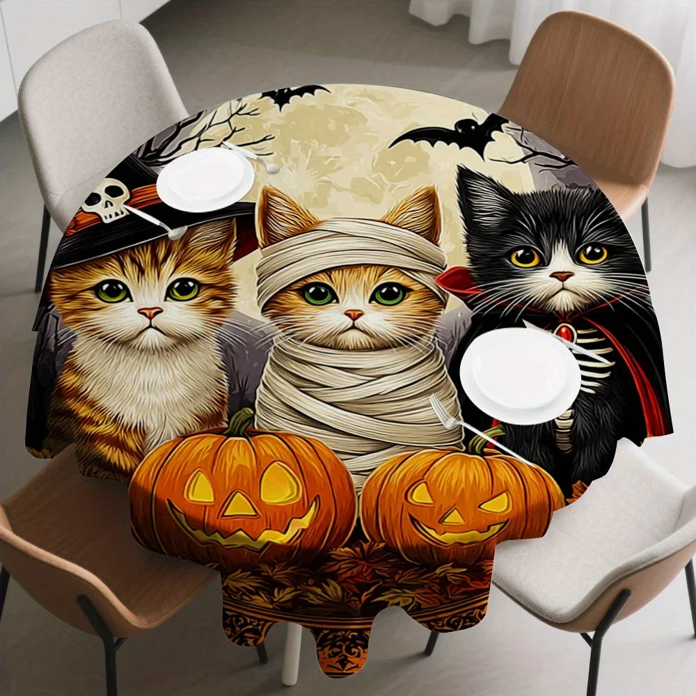 One-piece set - Large Halloween pumpkin cat round tablecloth - Diameter 70 inches, luxurious decorative design
