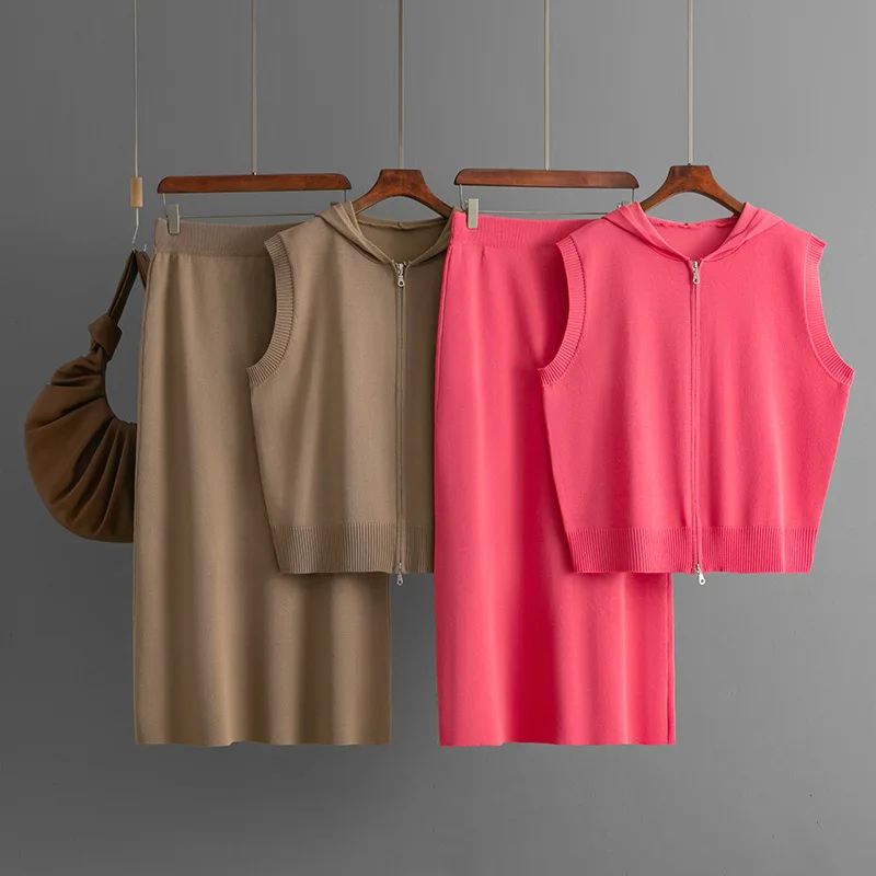 

Women's Summer Knitted Skirts 2 Pieces Set Basic Hooded Sweater Cardigan Sleeveless Zipper Elastic Waist Skirt Sets Outftis B813