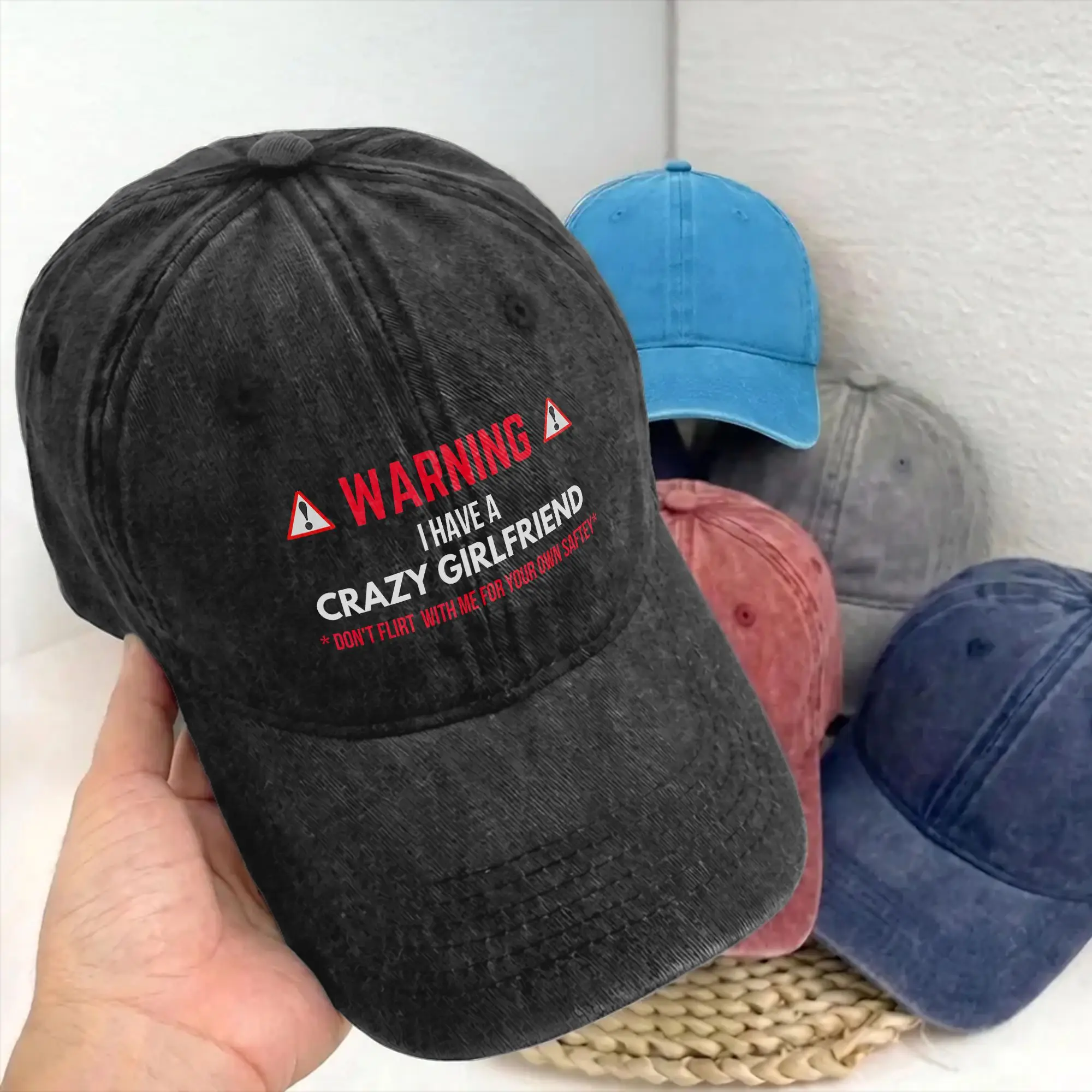 Warning I Have A Crazy Girlfriend Gift Unstructured Baseball Caps Funny Boyfriend Distressed Denim Washed Hats Outdoor Snapback