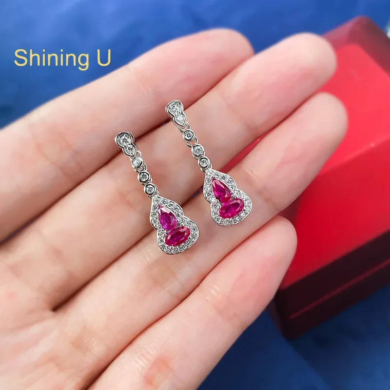 Shining U S925 Silver Rosy Gems Gourd Drop Earrings for Women Fine Jewelry Anniversary