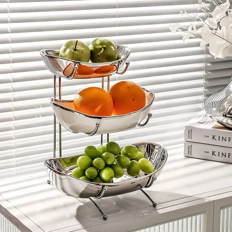 Silver 3 Layer Ceramic Fruit Plate,3Tier Serving Platter Tray Kitchen,Porcelain Tiered Vegetable Serving Tray Dessert Cake Dish