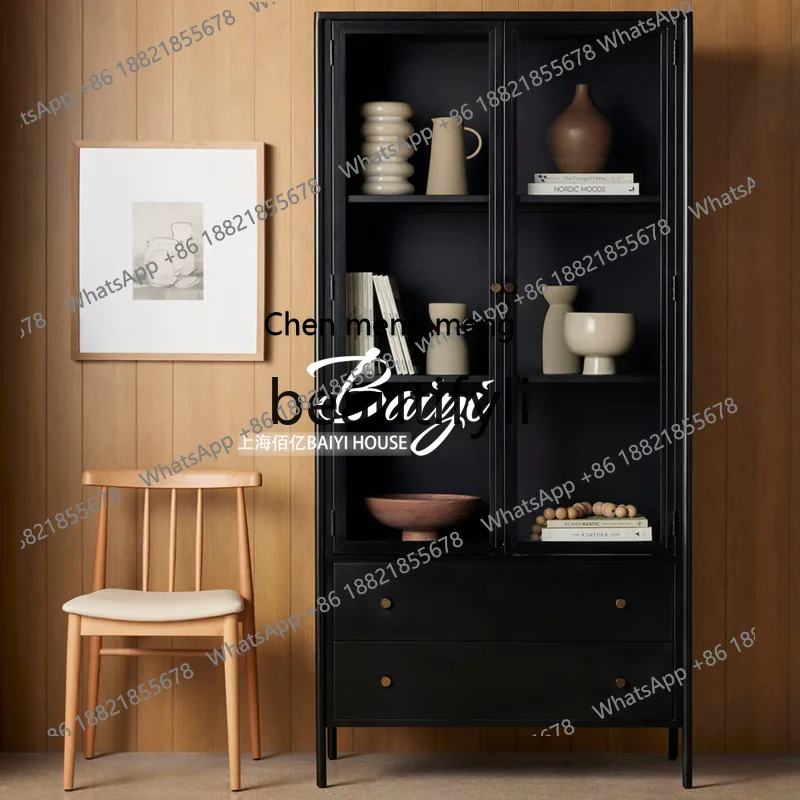 American light luxury solid wood bookcase, living room floor bookshelf wine cabinet French retro two-door display cabinetH