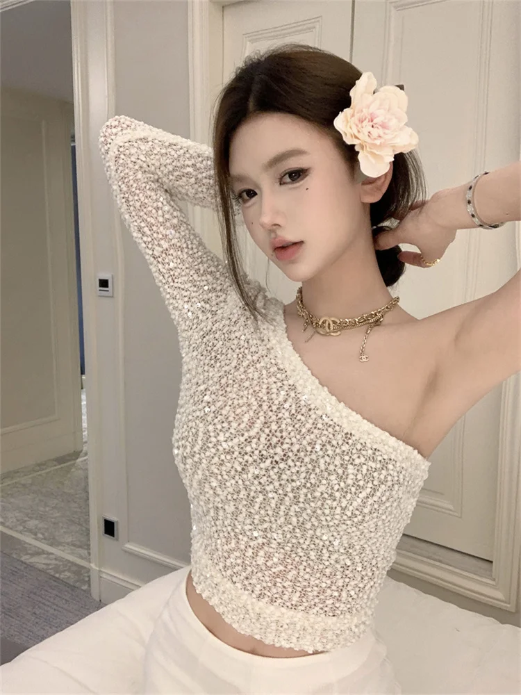 

Sequined Slim Tops Women 2024 Autumn New Sexy One Shoulder Long Sleeve Hollow Out T-shirt Fashion Street Cool Sheer Spicy Shirts