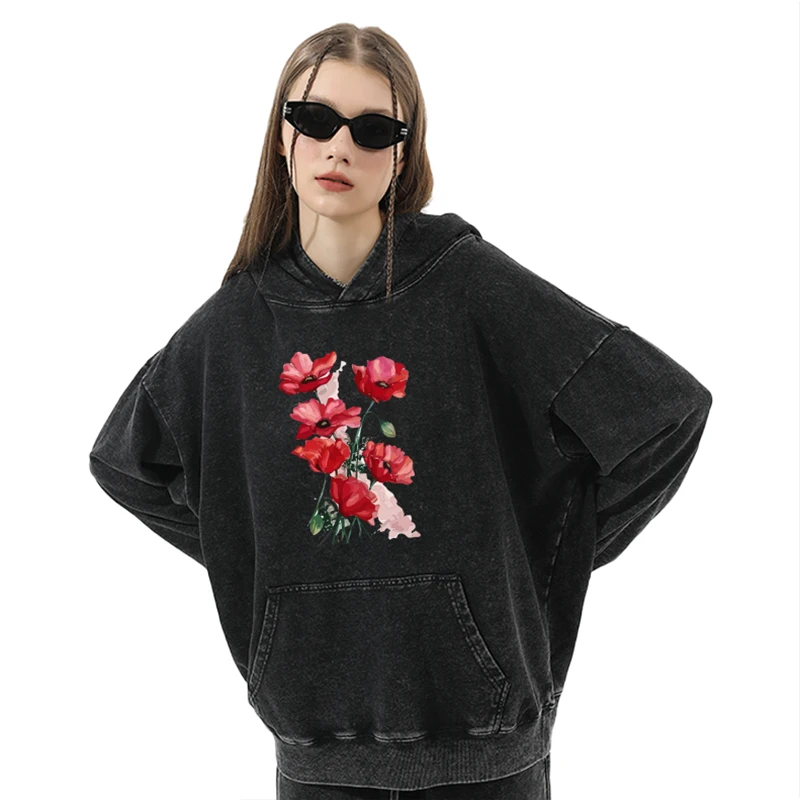 سويت شيرت نسائي بغطاء للرأس، نسخة سميكة. ضروري للتدفئة في الخريف والشتاء. نمط الأزهار حيوية وأنيقة. #1