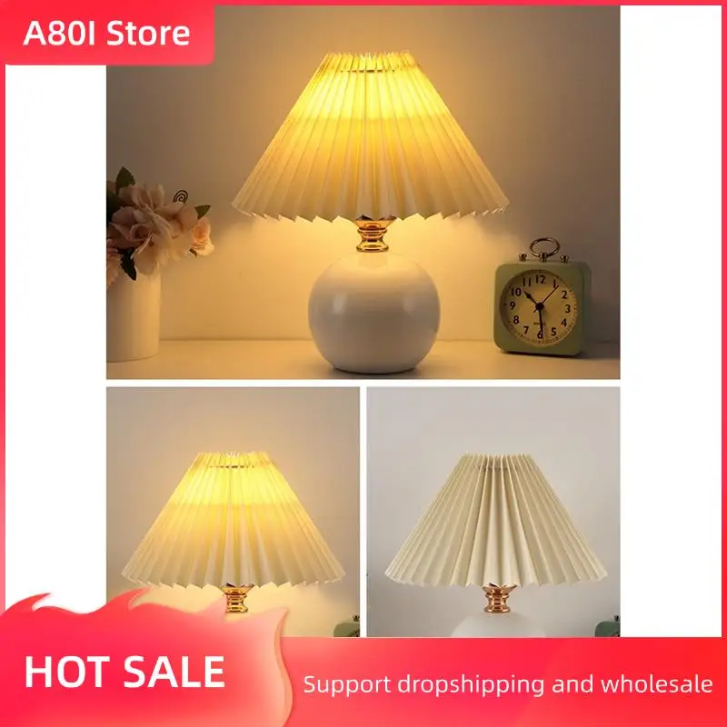 

A80I USB Retro Pleated Bedside Lamp Table Cute Desk Lamp For Bedroom Girl Princess Bed Lamp Deco Base LED Light Durable