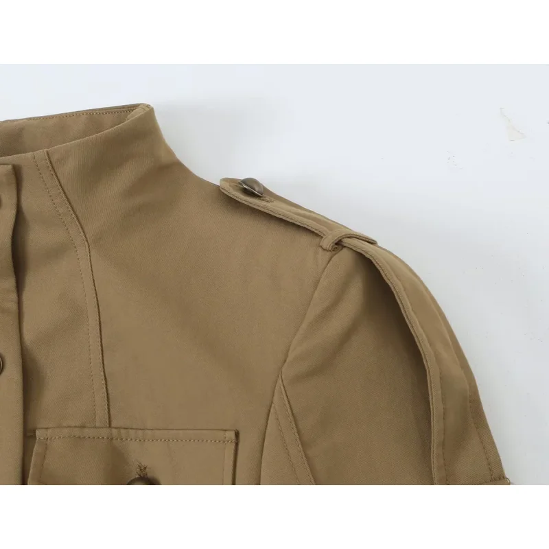2026 Autumn Women Vintage Safari Jacket Stand Collar Shoulder Epaulets Long Sleeve Slim Fit Chic Casual Lady Outerwear Jackets