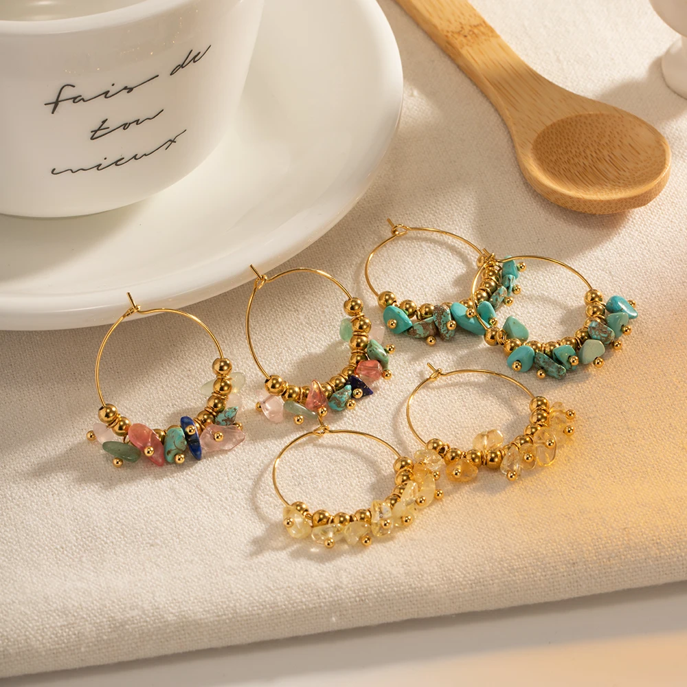 

Bohemia Creative Natural Crushed Stone Earrings For Women Vintage 18K Gold Ladies Stainless Steel Hoop Earrings Jewelry Gift