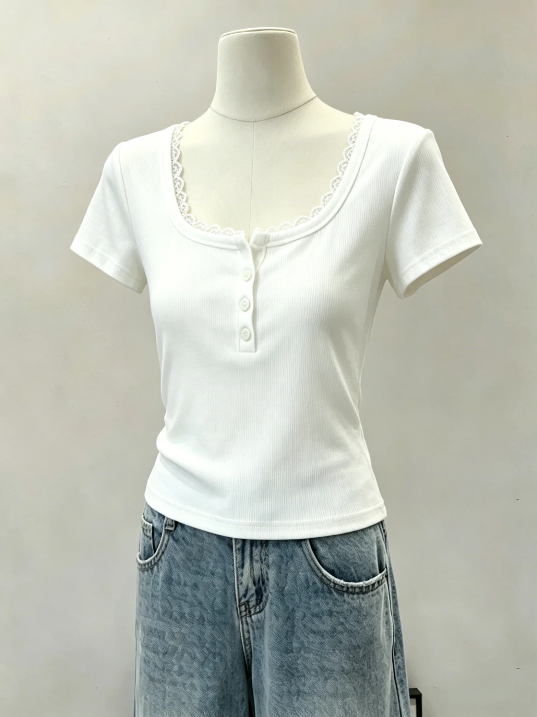 Summer New Women's Slim Fit Short Sleeve T-Shirt 95 Cotton Button Lace Square Collar Big Size Shoulder Appropriate Casual Top