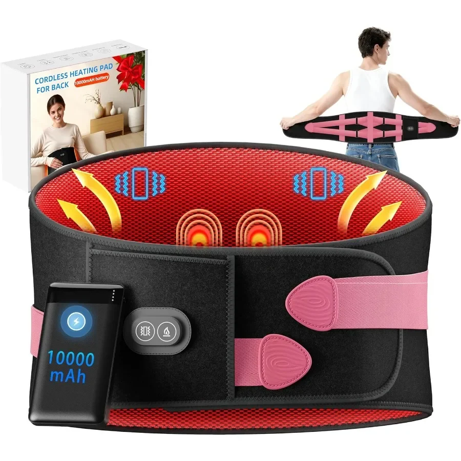 

Беспроводная грелка с массажером для облегчения боли в спине, 10000 мАч, тихий массажер для нижней части спины с 3 настройками нагрева и 3 вибрациями