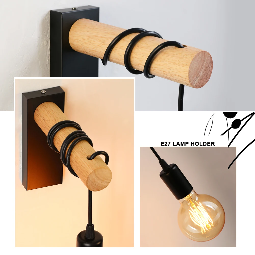 خمر الرجعية الخشب الجدار مصباح الشمعدان أضواء الجدار تركيبات E27 داخلي ديكور المنزل غرفة الطعام أباجورة غرفة نوم السرير الإضاءة