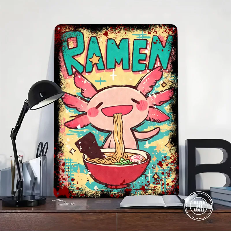 Axolotl Ramen Printed Poster Customized Wall Art Retro Vintage Metal Tin Signs for Home Interior Decoration Living Room House