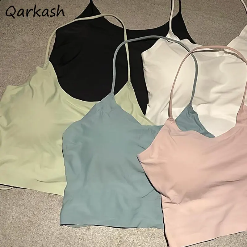 Halter Crop Tops Camis Women 5 Colors Backless Sexy Vintage Summer Inner Solid Mujer Basics Clothing Elegant Female Chest Pad