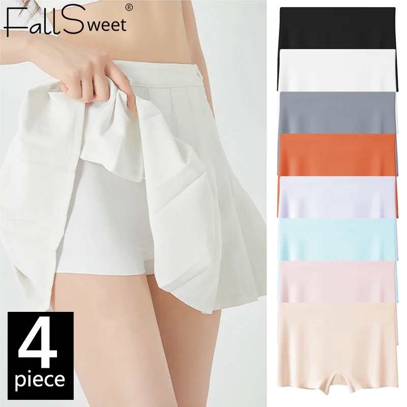FallSweet 4PCS Seamless Ice Silk Boxers for Women Soft Under Dress Anti-Chafing Boyshorts Plus Size Safety Shorts Underwear M-XL