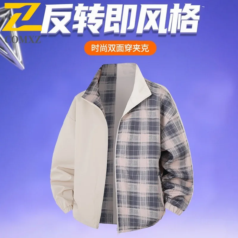

COMXZ 2025 New Men Autumn Lapel Casual Long Sleeve Jacket Coat Youth Fashion Reversible Versatile Loose Fit Daily windbreaker