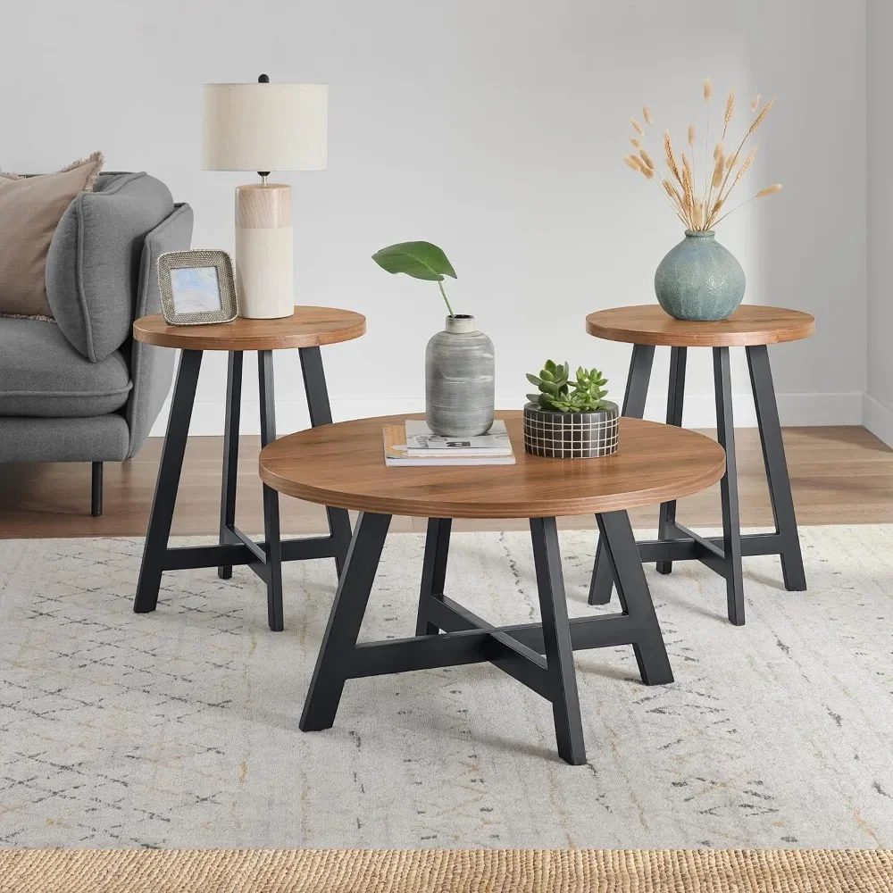 

3-Piece Industrial Modern Coffee Table Set - Round Coffee Table & 2 Side Tables for Living Room & Apartment