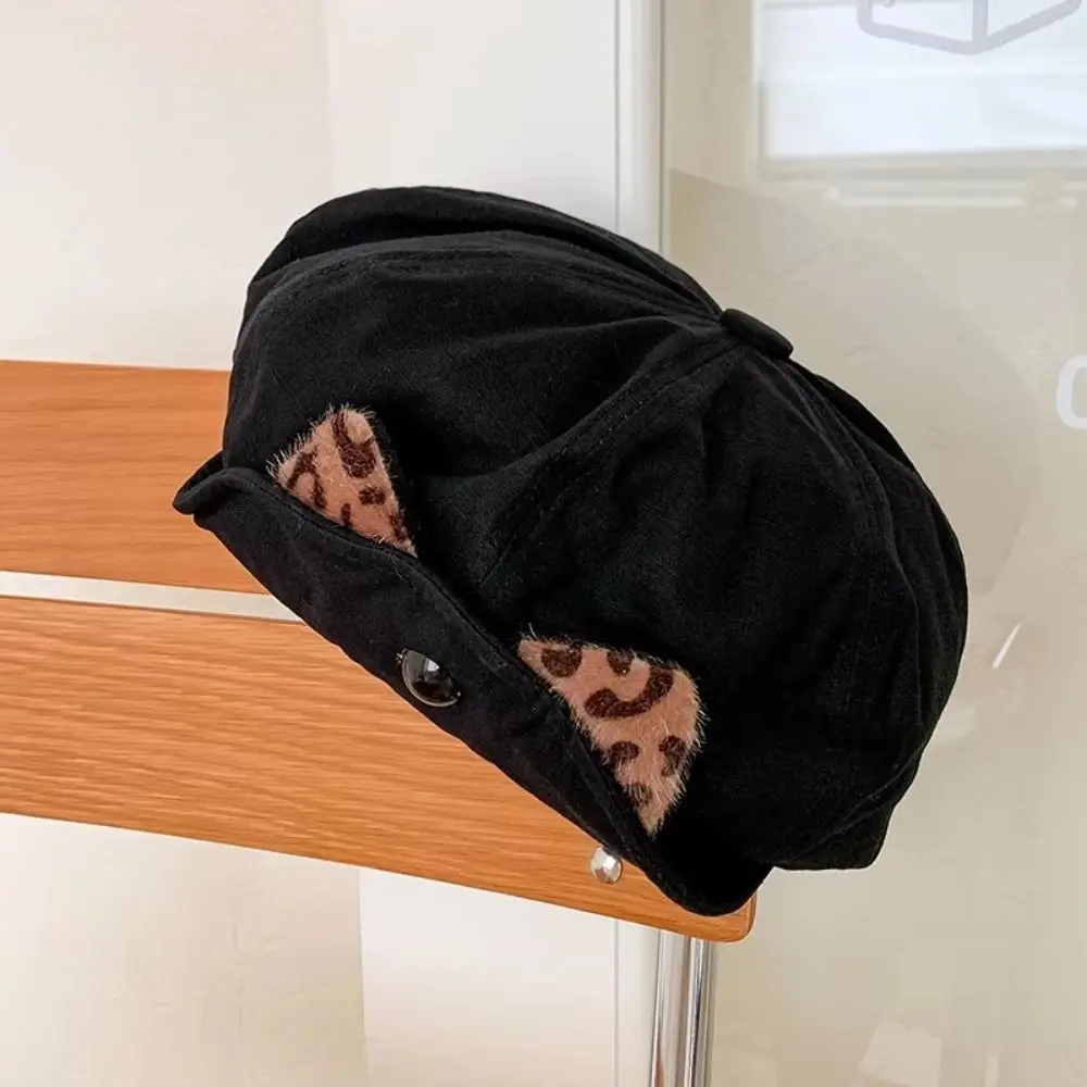 أزياء خمر آذان القط قبعة Y2k ليوبارد الرسام القبعات تنوعا انقلبت حافة قبعة قبعة الإناث