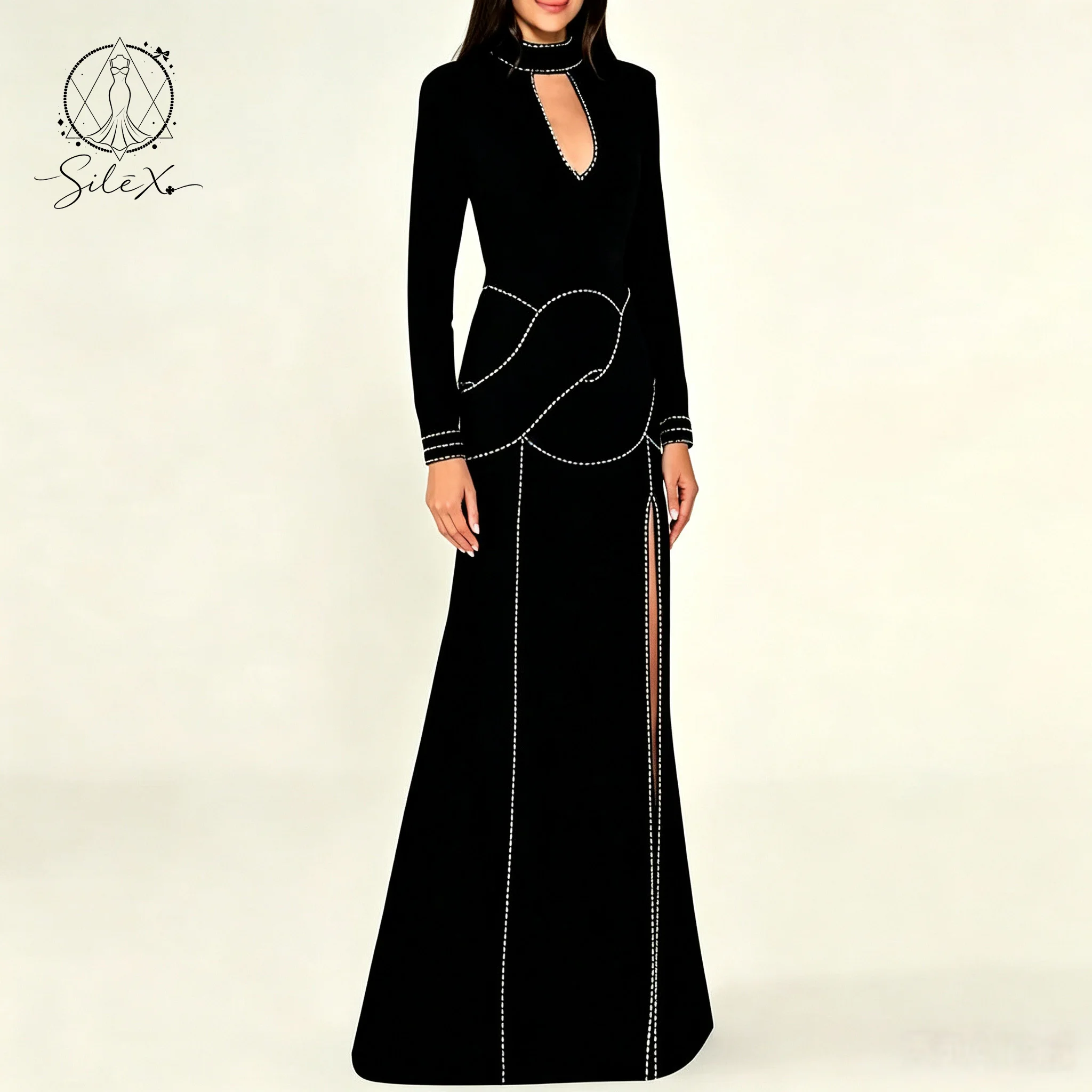 Chic High Neck Keyhole Rhinestone Mermaid Evening Gown Long Sleeve Slit Formal Party Dress