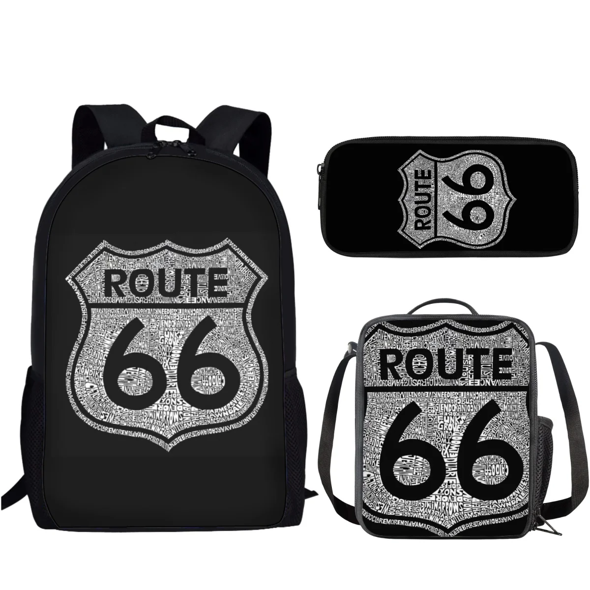 Mochila de motocicleta Vintage America Route 66, mochila escolar para meninos e meninas, mochilas casuais para laptop para crianças, bookbags para adolescentes, conjunto de 3