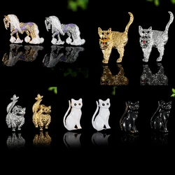 Personality 3D Pet Cats Kitten Enamel Brooches Pretty Novelty Horse Crystal Lapel Pins Women Clothes Jewelry Accessories