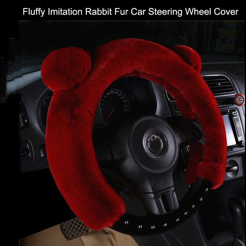 Cartoon Cute Panda Fluffy Imitation Rabbit Fur Car Steering Wheel Cover Universal Winter Rhinestone Case Soft Plush Accessories