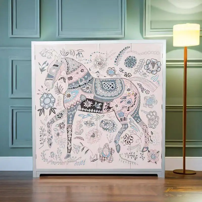New Chinese art horse painted bookcase household light pink storage cabinet solid wood frame living room bookshelf floor