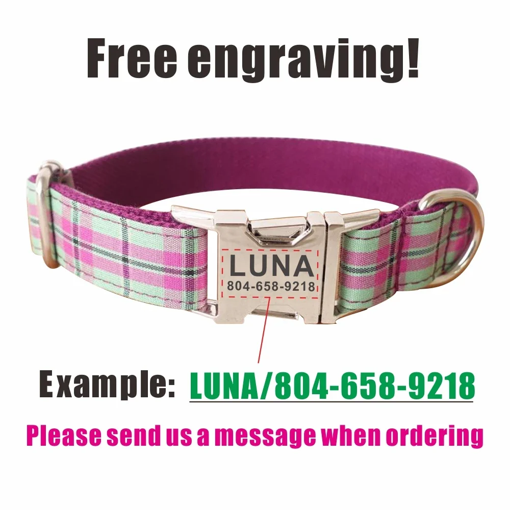 Personalized Dog Collar with Free Engraving, Matching Pet Leash,Customzied Contacts Metal Buckle, Purple Green Plaid Collar