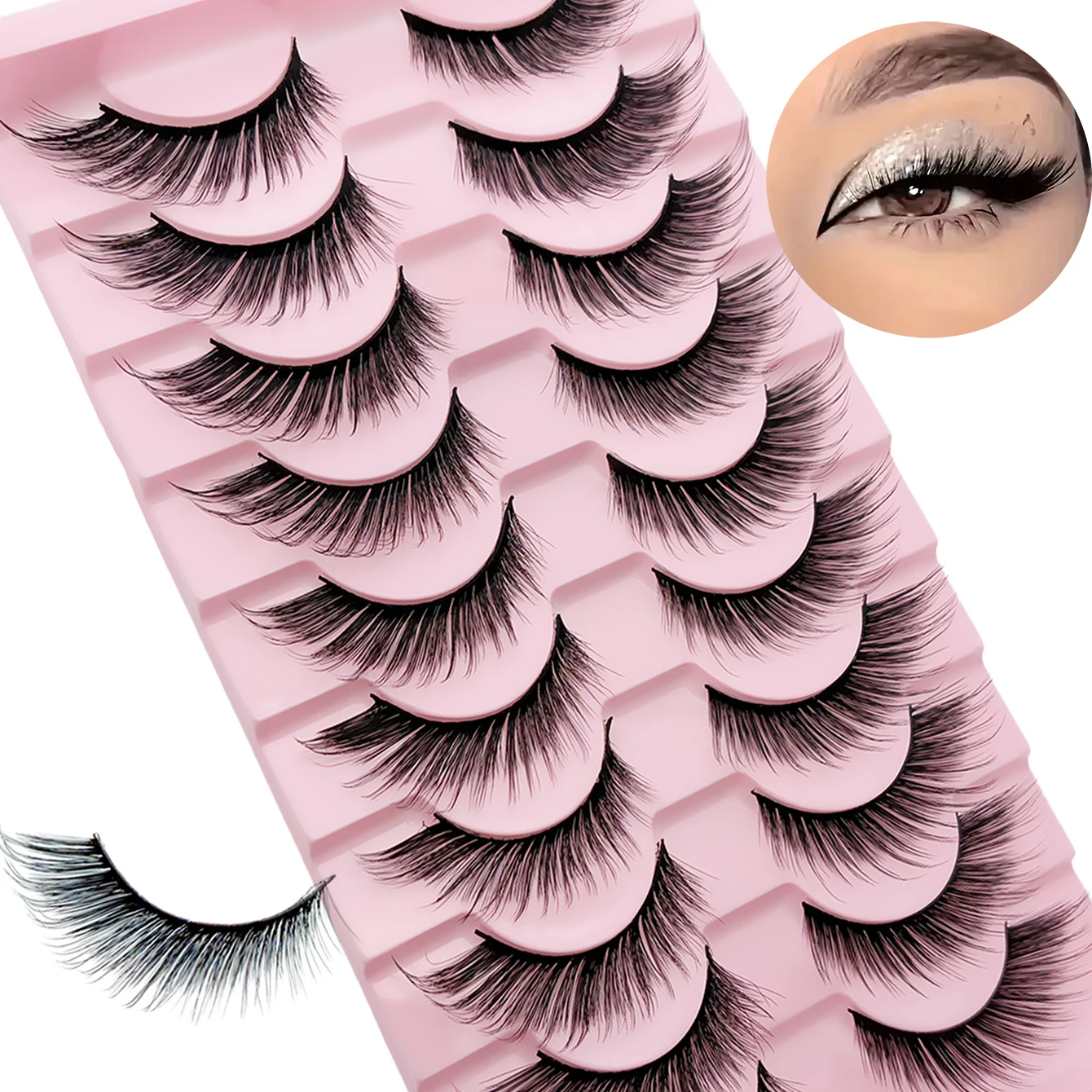 10 Pairs Cat Eye False Eyelashes Wispy Fox Eye Lashes Fluffy Volume Elongated Outer Corner Fake Eyelashes for Daily Makeup
