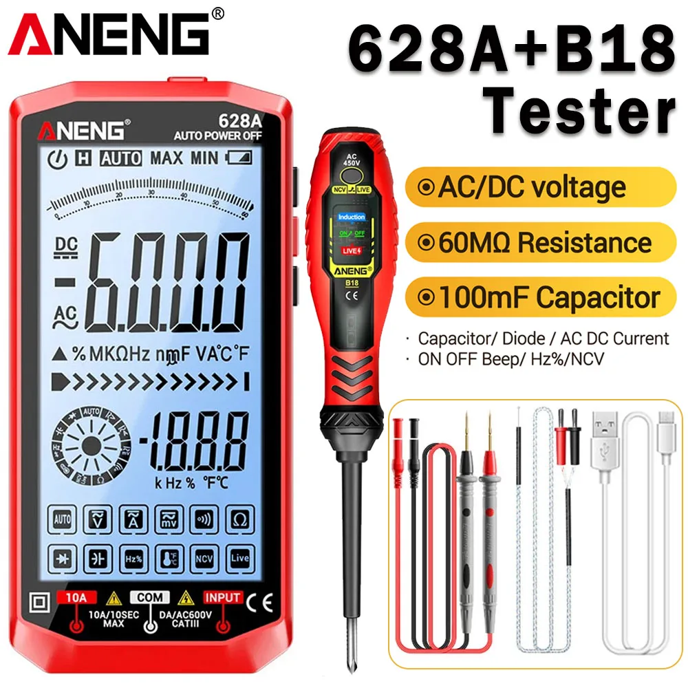 ANENG Digitaler Multimeter AC/DC Spannung Strom Hintergrundbeleuchteter Großbildschirm Tester 628+B18 Hochleistungs-Spannungsprüfstift Professionelle Werkzeuge