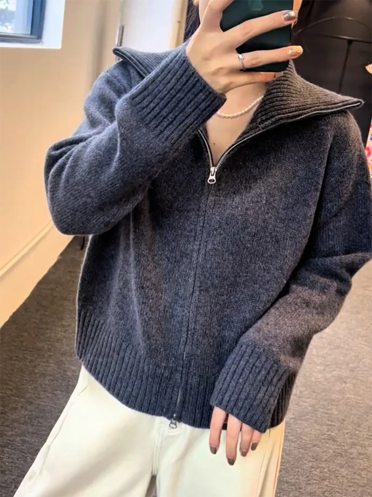 

Корейский простой вязаный кардиган на осень-зиму больших размеров, стройнящий, универсальный, теплый, с длинными рукавами