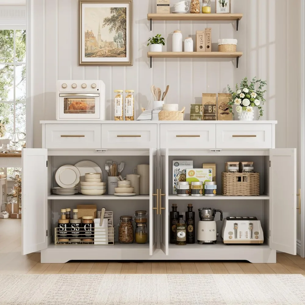 60 Large Buffet Sideboard with Storage, 36 Tall Kitchen Buffet Storage Cabinet with 4 Drawers, Modern Coffee Bar Cabinet