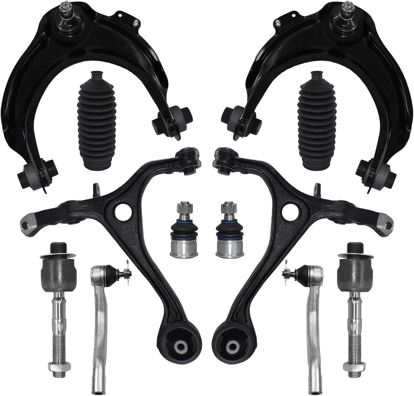 Front Suspension Kit, 12-Piece Set with Upper and Lower Control Arms and Tie Rods