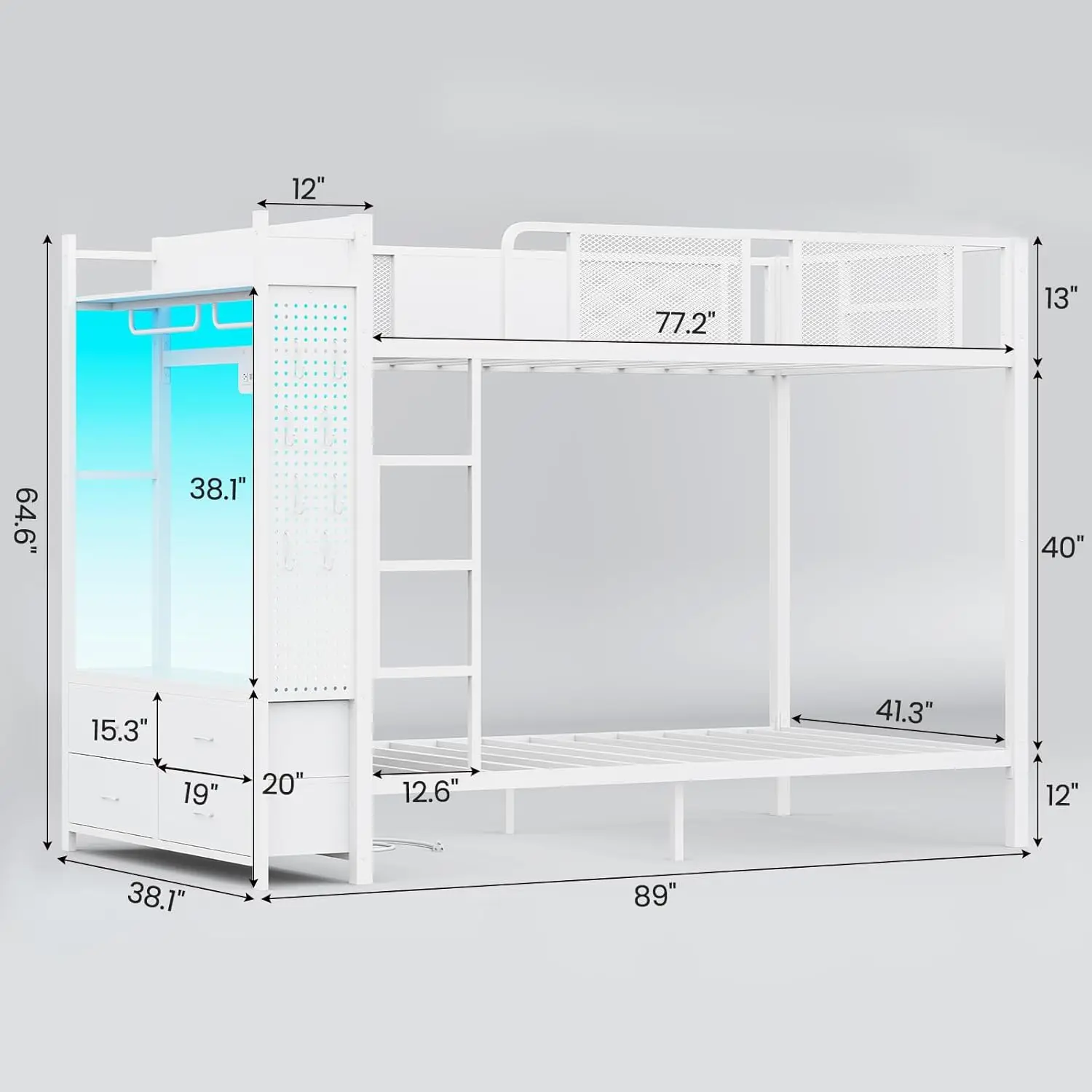 سرير مزدوج بطابقين معدني مع مساحة تخزين، LED، مخرج طاقة، درابزين وسلم، بدون صندوق زنبركي، أبيض