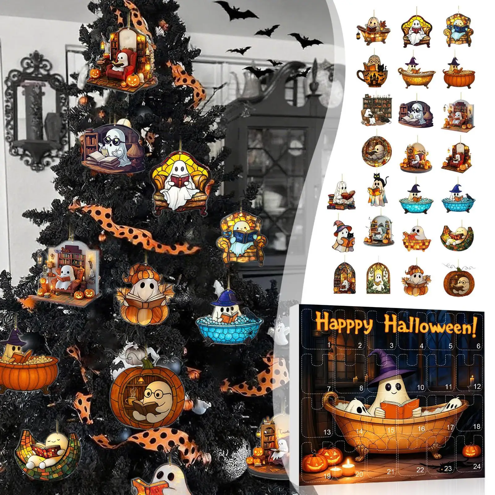 Calendario per il conto alla rovescia fantasma 2025 24 giorni 2025 Calendario di Halloween Avvento Ciondolo fantasma 2D Decorazioni natalizie per la parete del tendaggi di casa