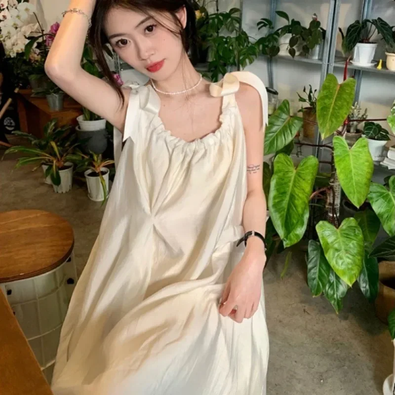 French Style Lace-up Gentle Slip Dresses Women\'s Summer New Open-back Dress Seaside Resort Beach Skirt Niche Loose Long Skirt