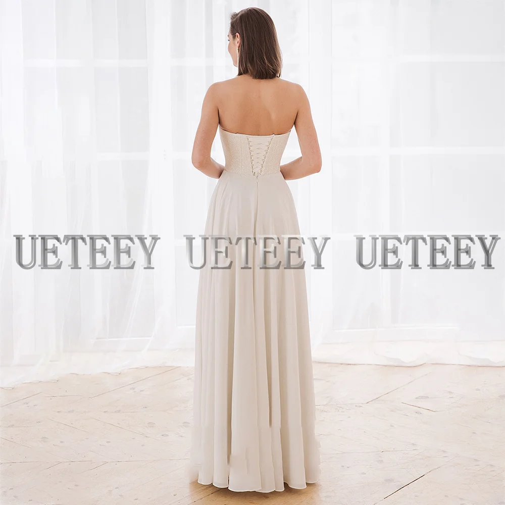 Ueteey-女性用ストラップレスドレス,ラインA,ノースリーブ,サイドスリット付き,レース付きバック,カスタムメイドのウェディングドレス2022