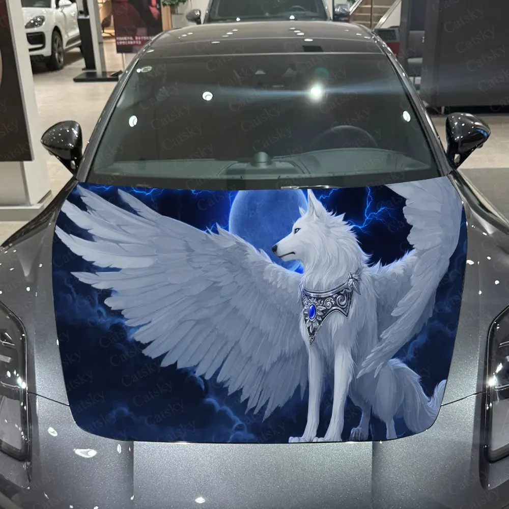 

Moonlit White Winged Wolf Fantasy Myth PVC Car Hood Wraps, Self-Adhesive Waterproof Car Bonnet Decal Sticker, Car Decoration Pro