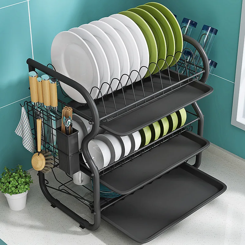 

3 Tier Dish Drainer Rack Holder Drying Plate Cup Cutlery Plates with Mug and