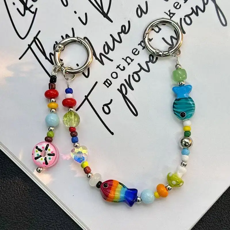 

Fish crystal pendant colorful phone lanyard cartoon beads charms keychain for apple airpods iphone anti loss rope bracelet