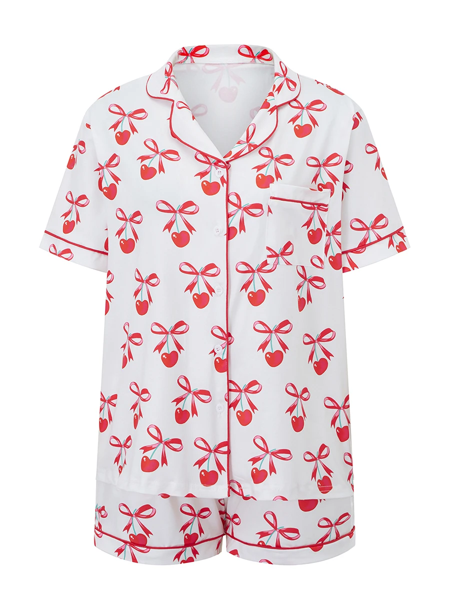Valentine s Day Women s Pajama Set with Heart and Bow Print Short Sleeve Top and Shorts - Cozy Loungewear with Boots Design