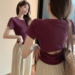 Kpop Backless Sexy Slim T-shirt Women Y2K Vintage Skinny Hollow Out Crop Top Woman Purple Japanese Folds Tee Shirt Femme Clothe