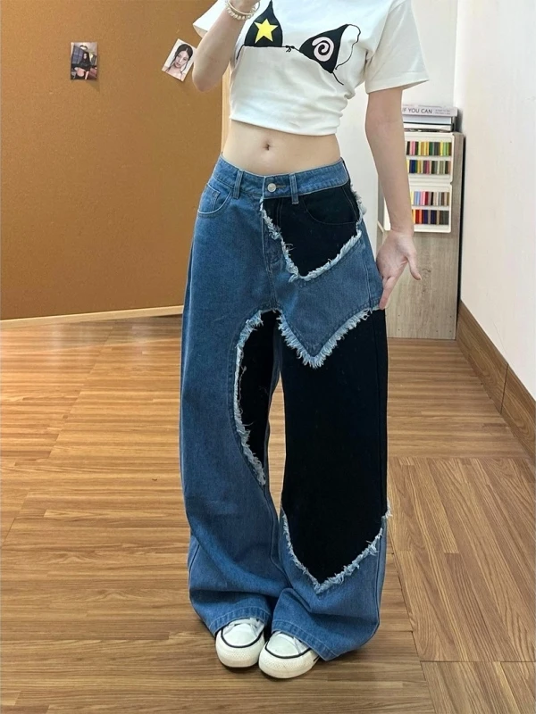 Calças Jeans em Forma de Coração Estilo Americano para Homens e Mulheres, Novo Design de Verão, Calças Largas de Perna Reta C...